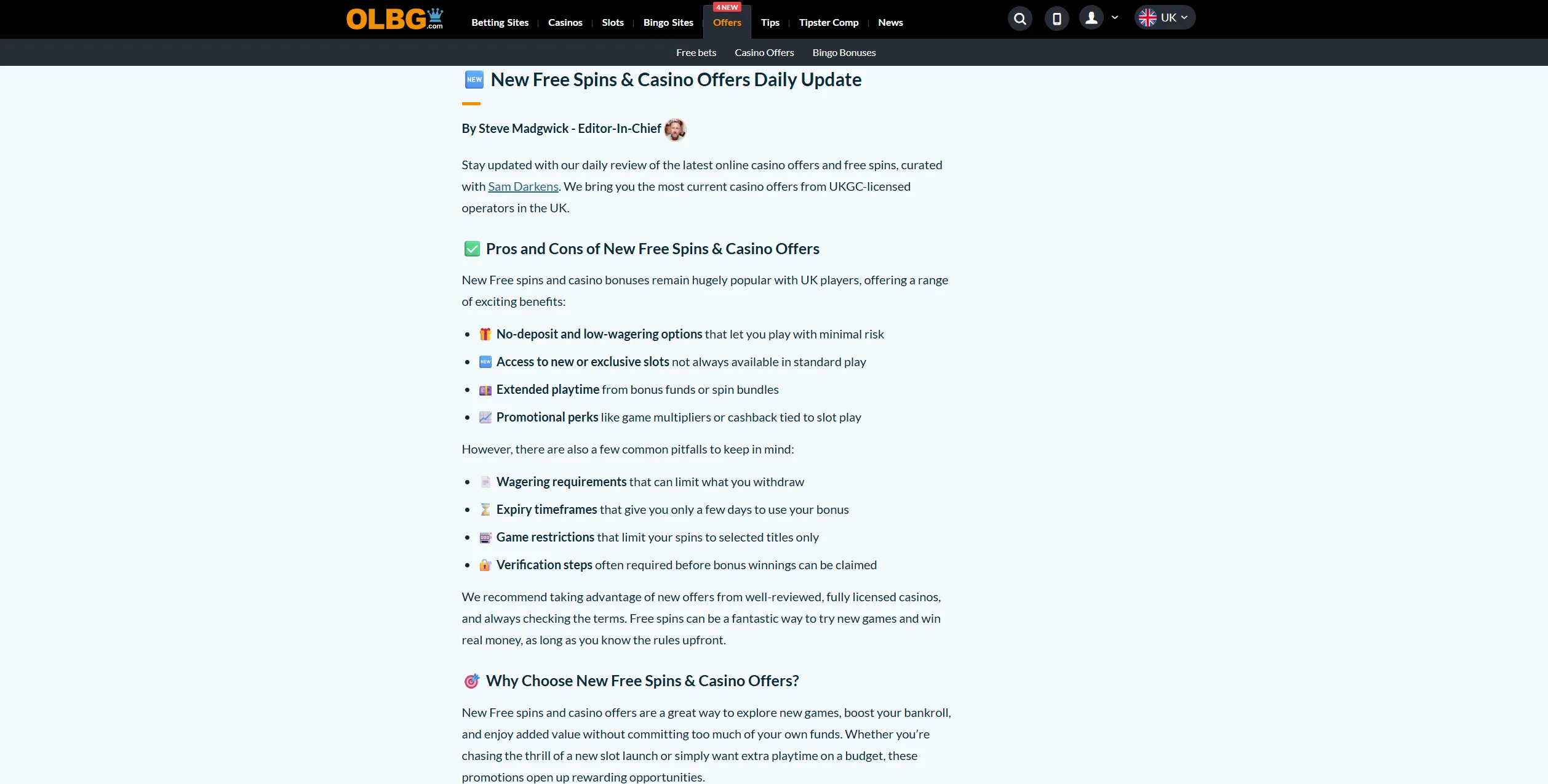 Screenshot of Olbg.com – Free Spins UK | Best Online Casino Offers & Bonuses